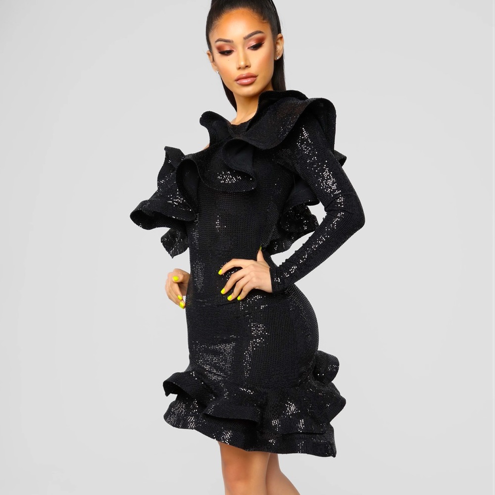 Black One Sleeve Ruffle Dress NEW WITH TAGS